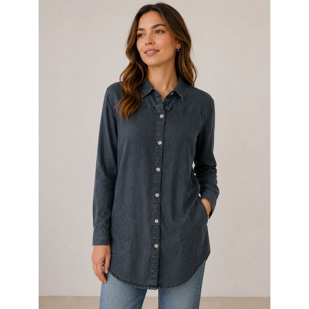 Washed Denim Button Down Tunic Shirt XS Coastal Minimalist Western